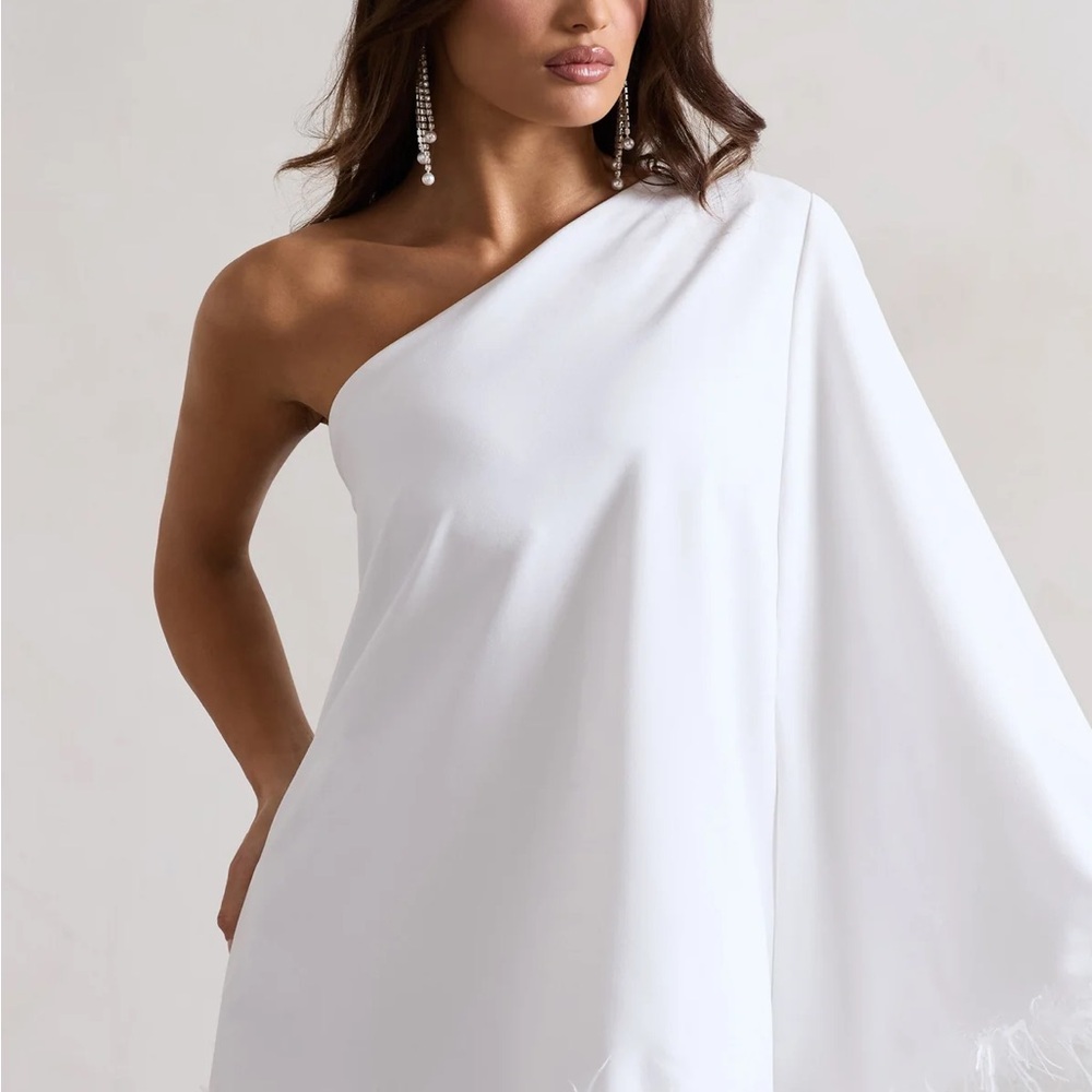 White One-Shoulder Dress W Feather Trim - Picture 3 of 6